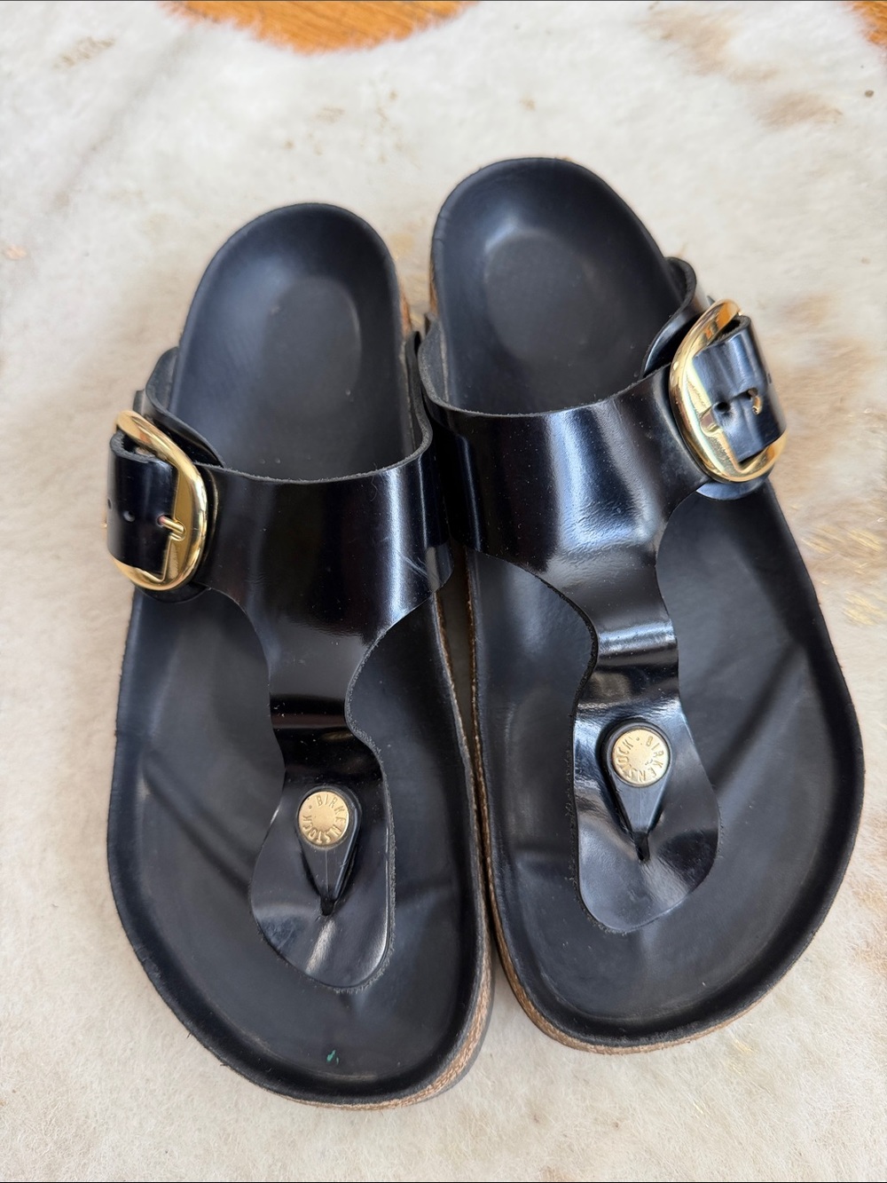 Birkenstock Black Patent Leather Toe-Post Sandals with Gold Buckles